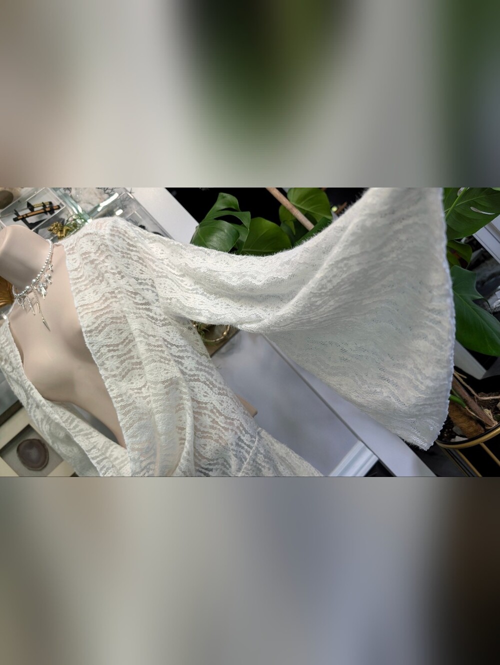 White Knit Backless Bell Sleeve Cover Up Sheer Dress Top MD-LG